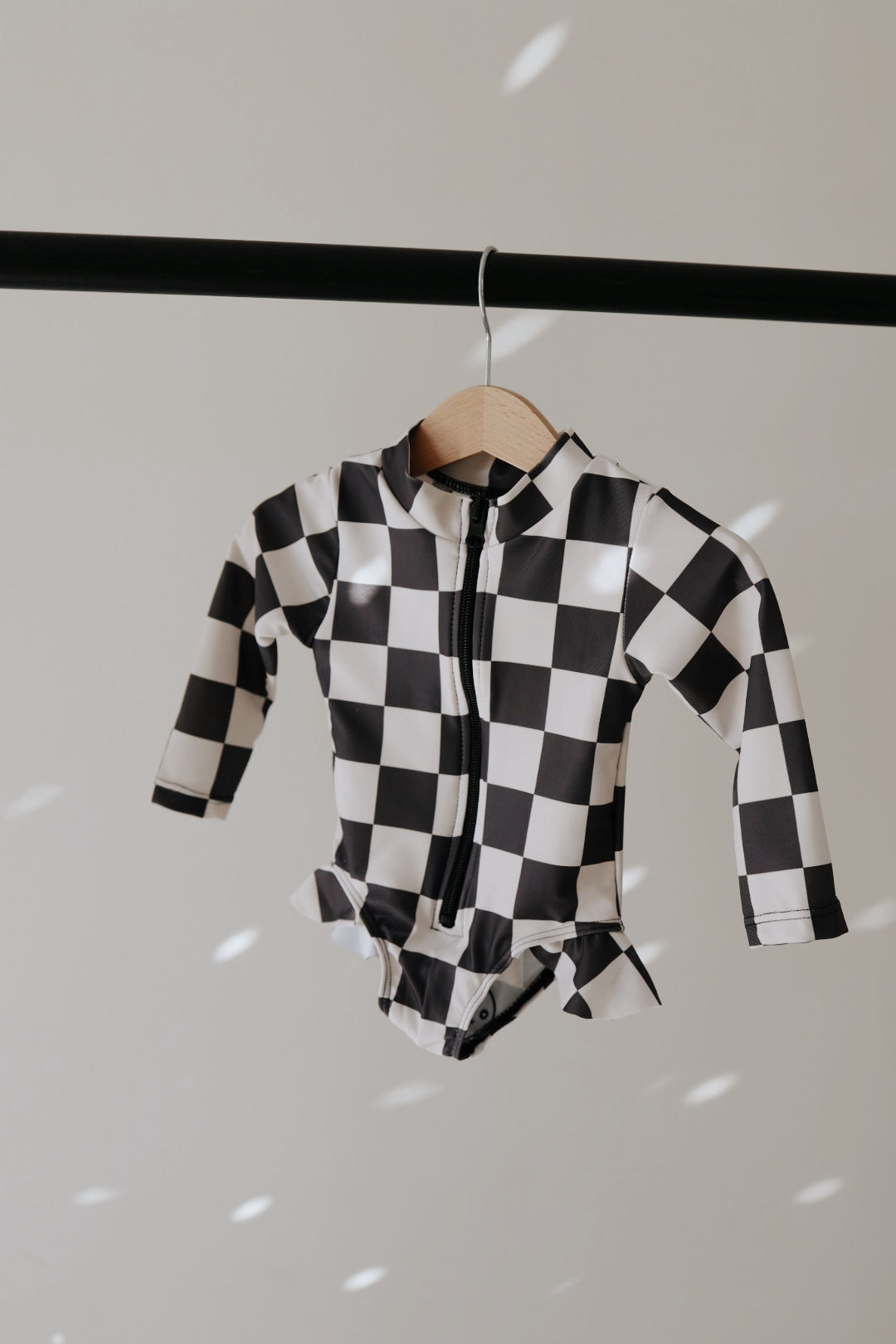 Girl Long Sleeve Swimsuit | Black Checkerboard