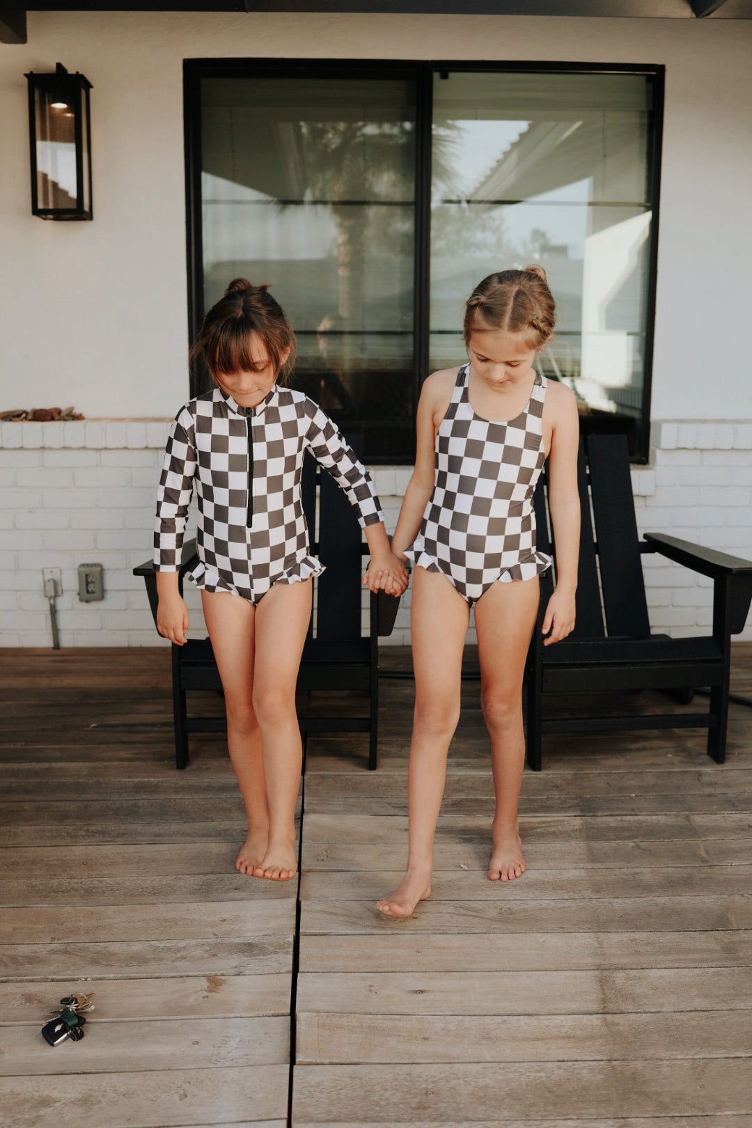 Girl Long Sleeve Swimsuit | Black Checkerboard