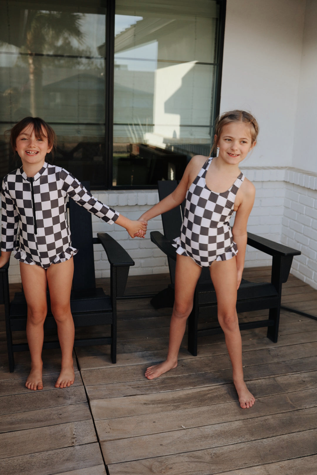 Black Checkerboard | Girl Long Sleeve Swimsuit