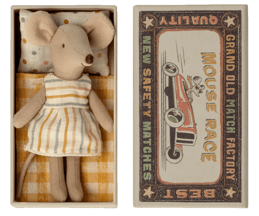 Maileg - Big sister mouse in matchbox, striped dress - Why and Whale
