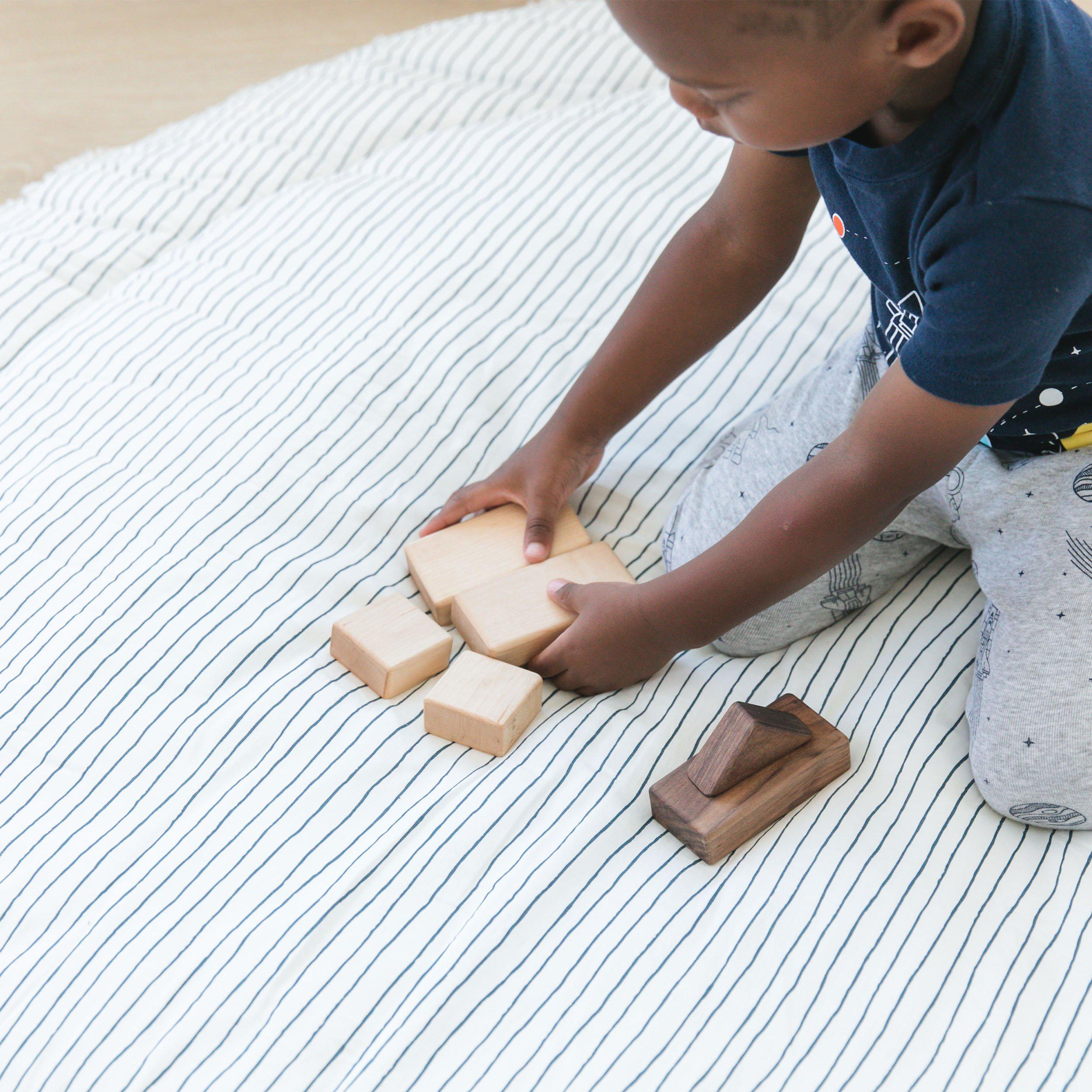 Organic Cotton Quilted Round Play Mat - Cobi Blue Stripes and Ivory