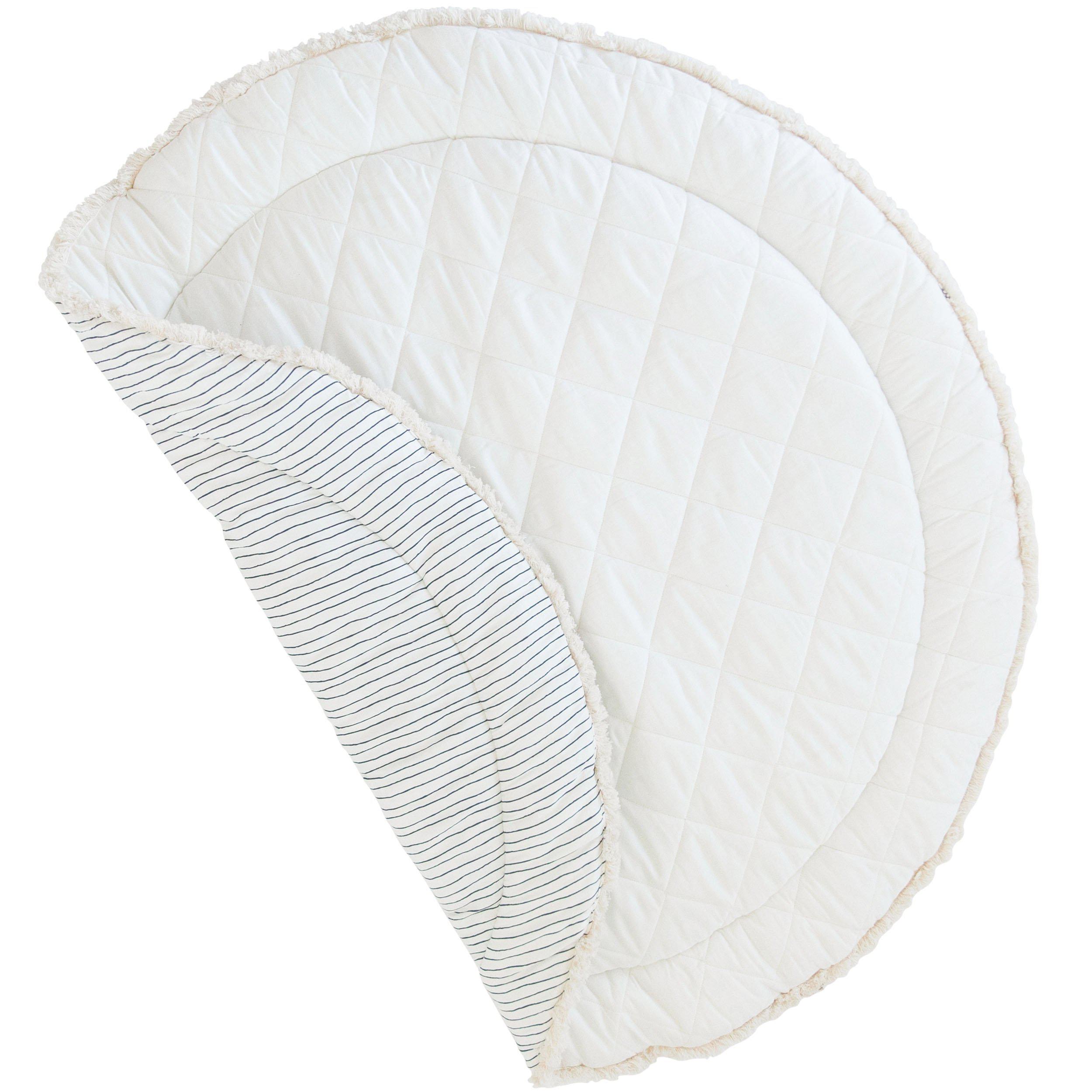 Organic Cotton Quilted Round Play Mat - Cobi Blue Stripes and Ivory