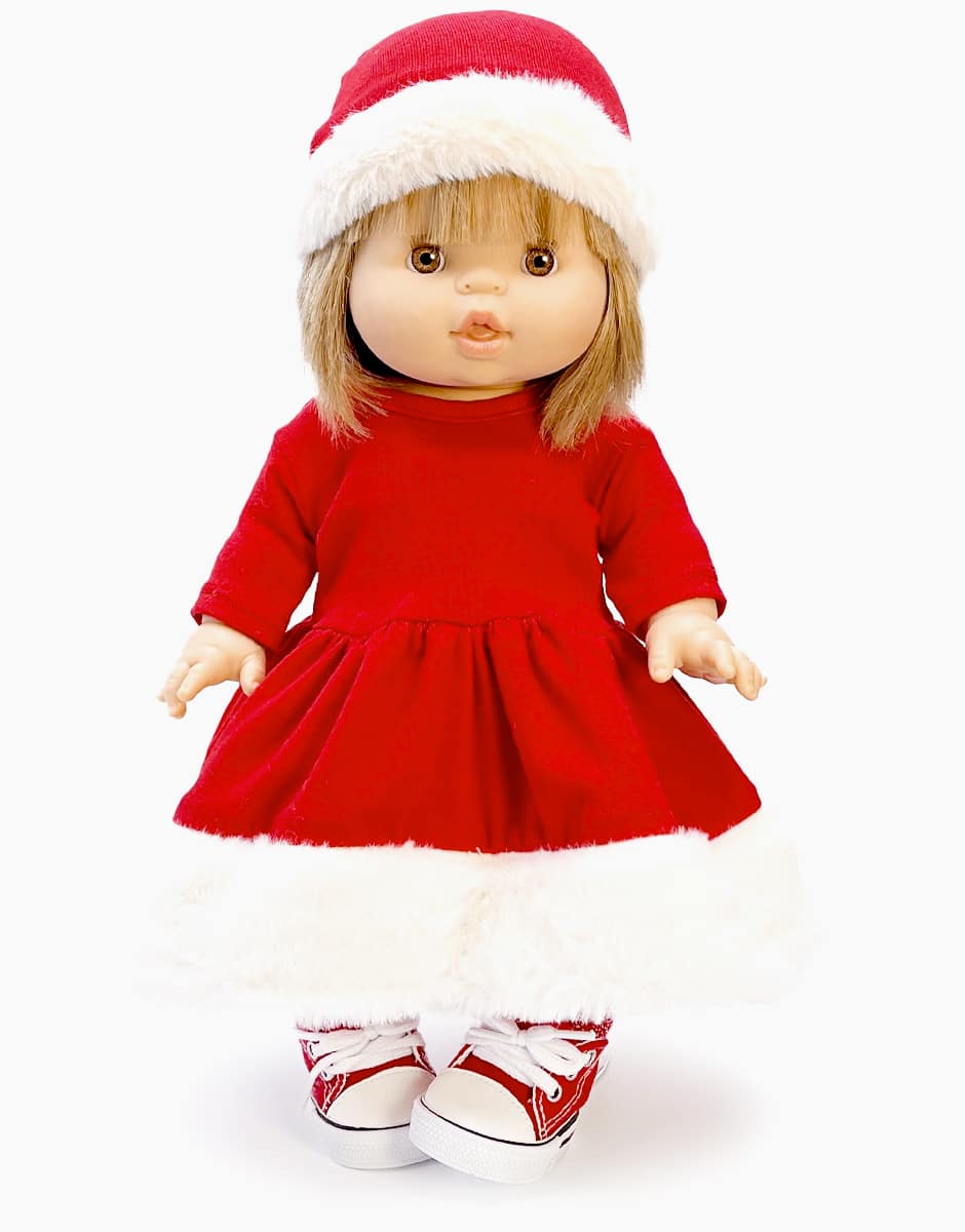 Doll Christmas set with red jersey dress and hat 13in - Minikane