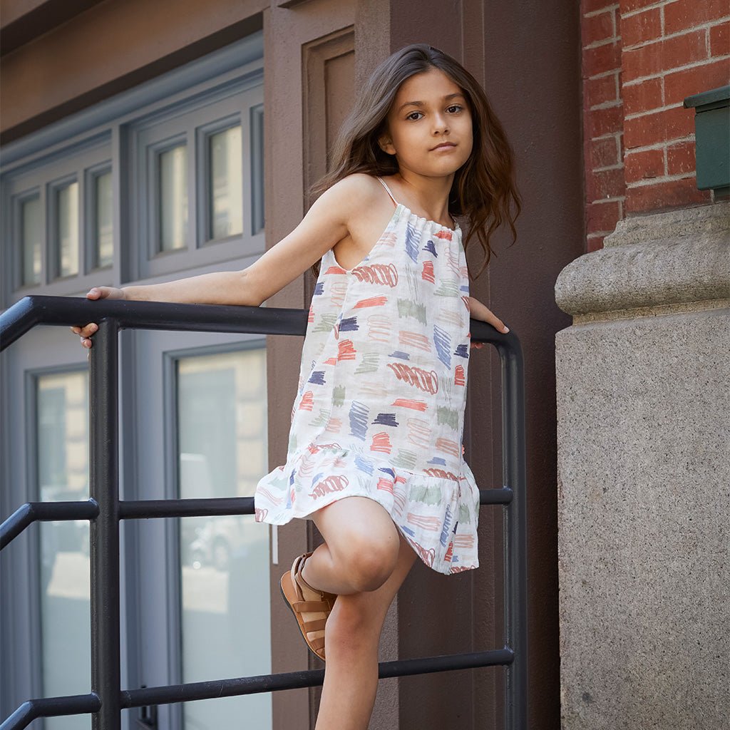 Scribble Kid Linen Dress - Natural/scribble