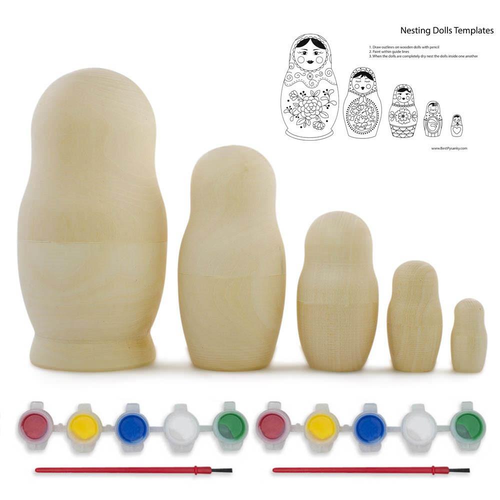 5 Unfinished Wooden Nesting Dolls with Paints DIY Craft Kit 5.75 Inches