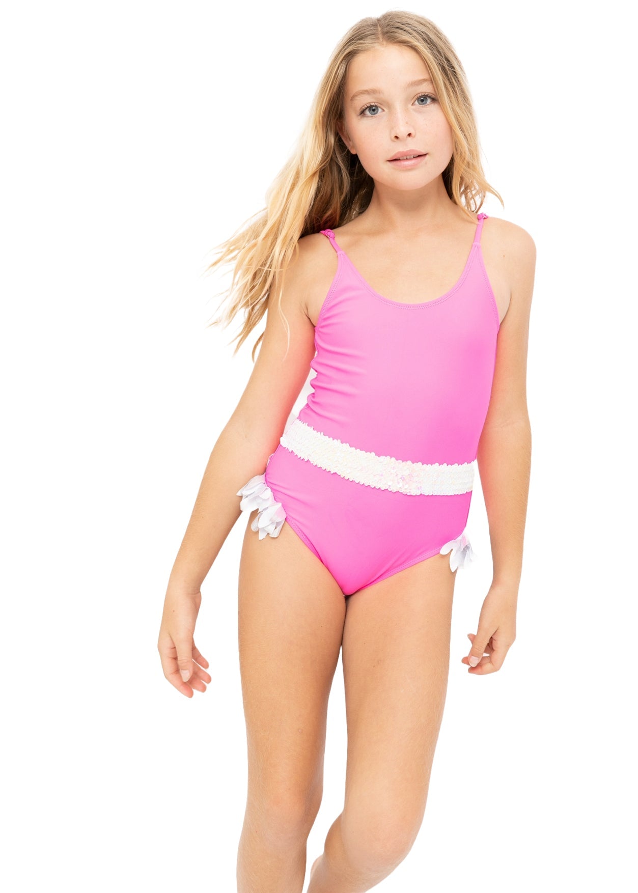 Neon Pink Swimsuit with Belt & Silver Petals