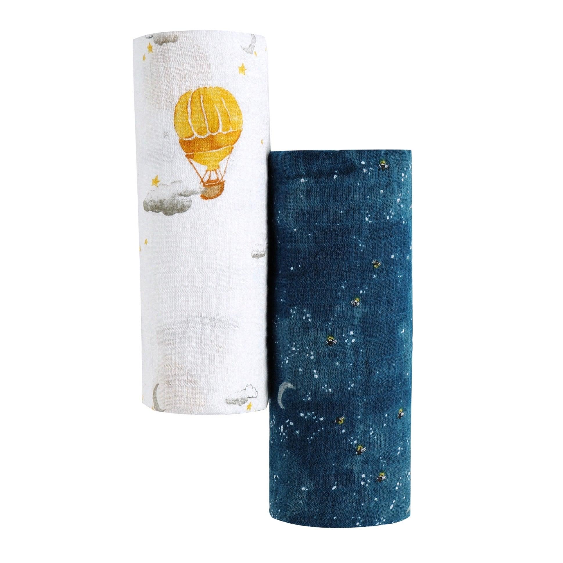ORGANIC SWADDLE SET - FLY ME to the MOON (Starry Night + Hot Air Balloon) - Why and Whale