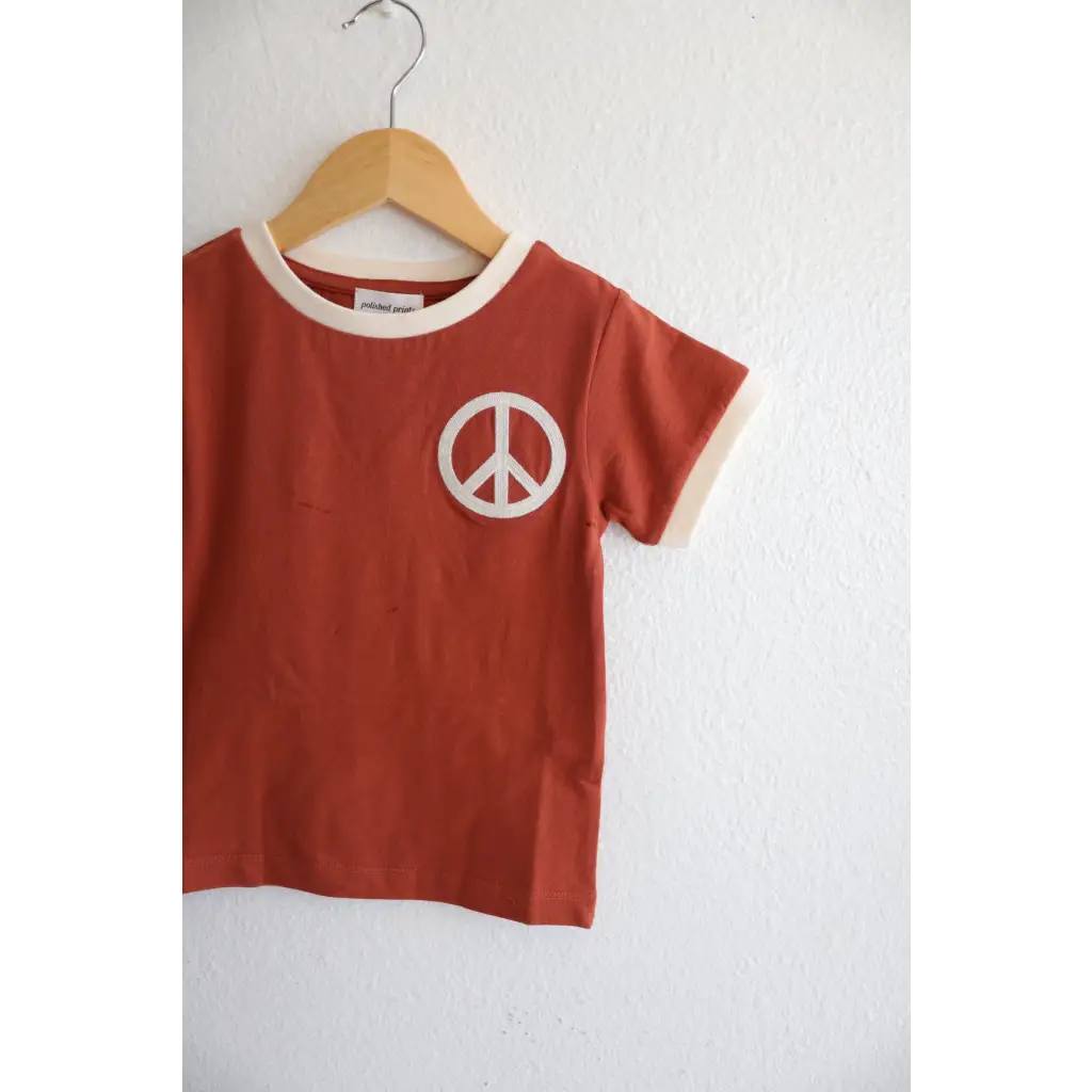 Peace Embroidered Ringer in Auburn