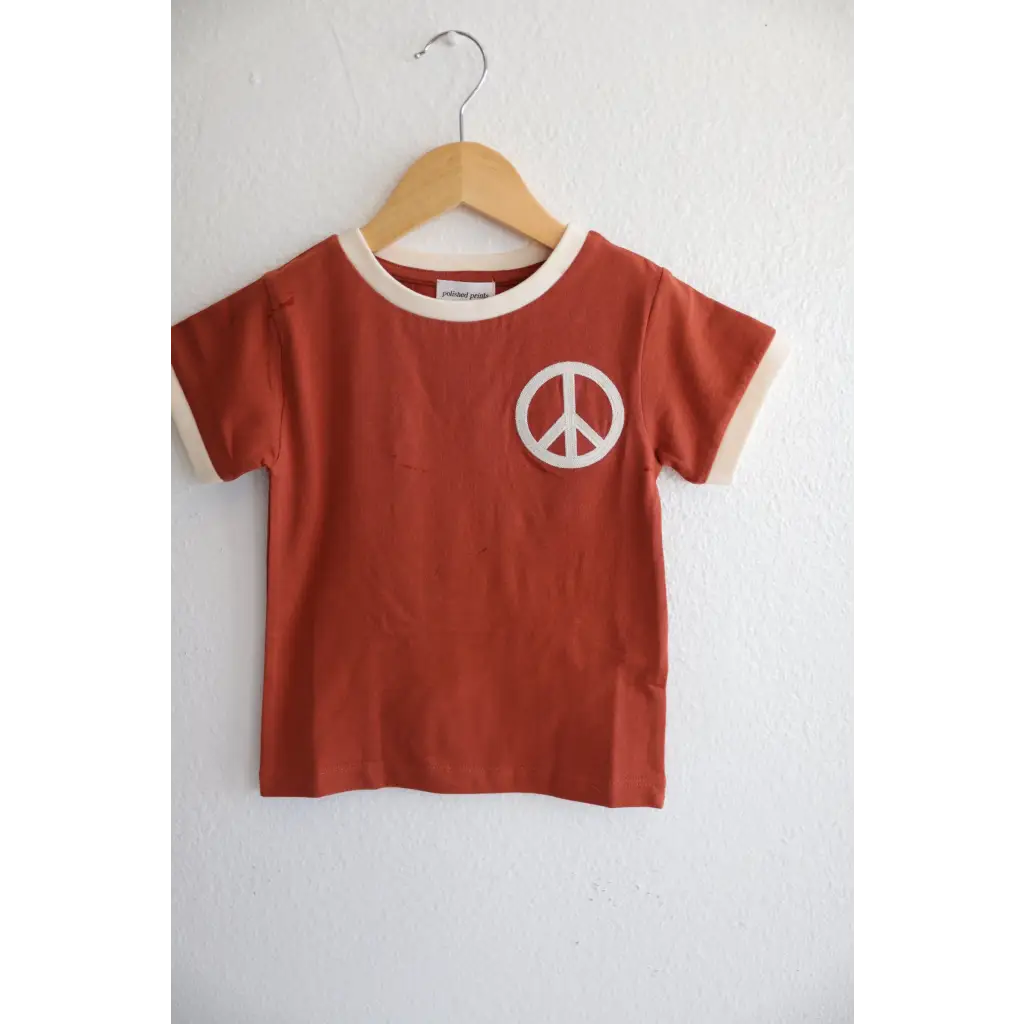 Peace Embroidered Ringer in Auburn