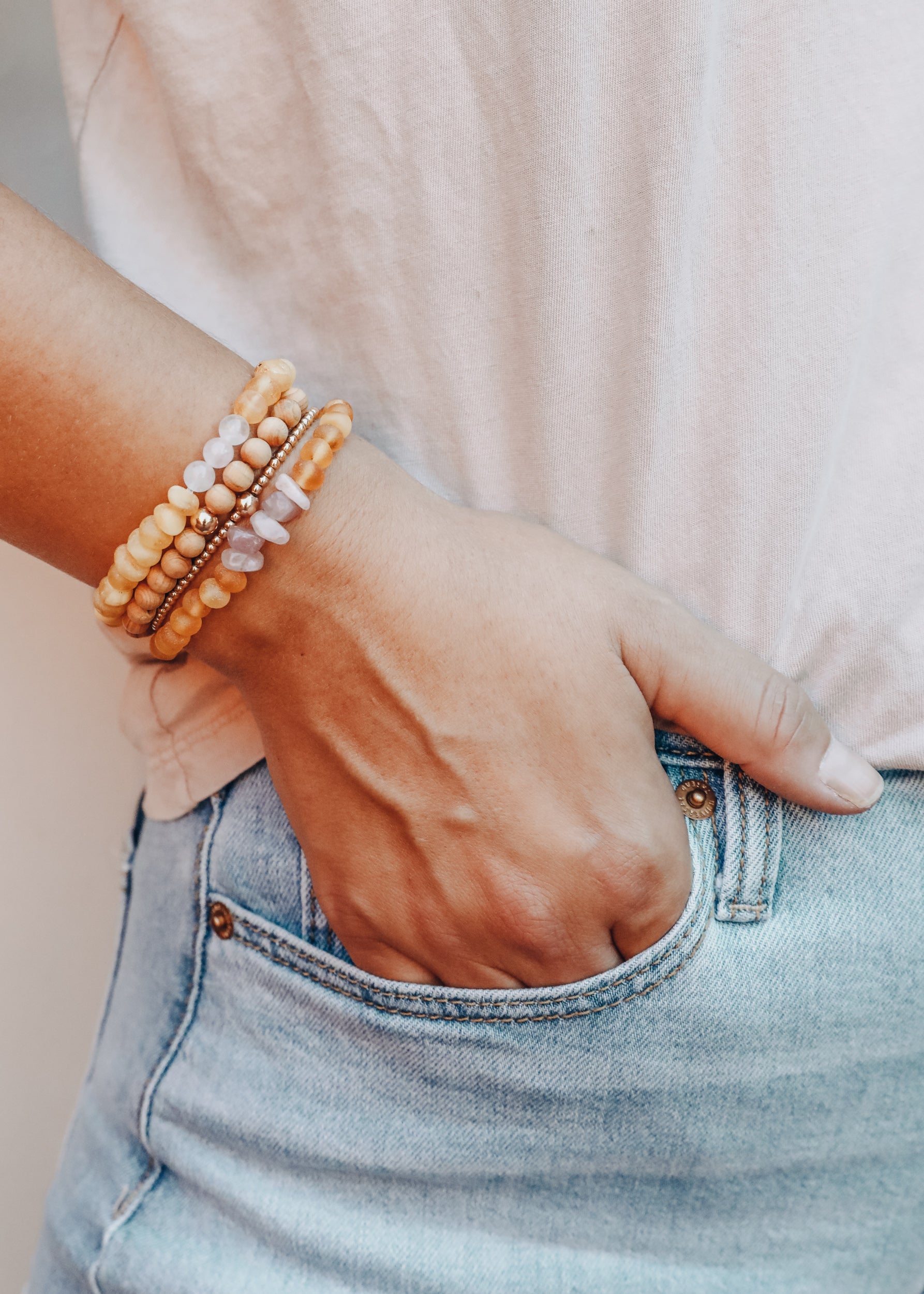 Raw Honey Baltic Amber + Raw Rose Quartz || Adult Bracelet