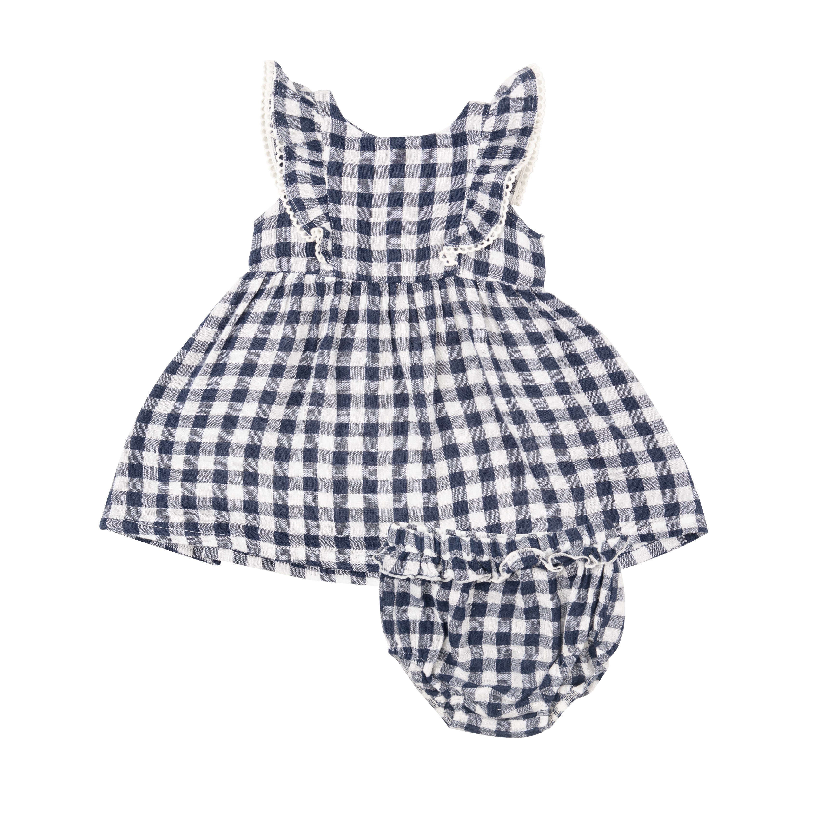 Ruffle Dress + Diaper Cover - Gingham Navy