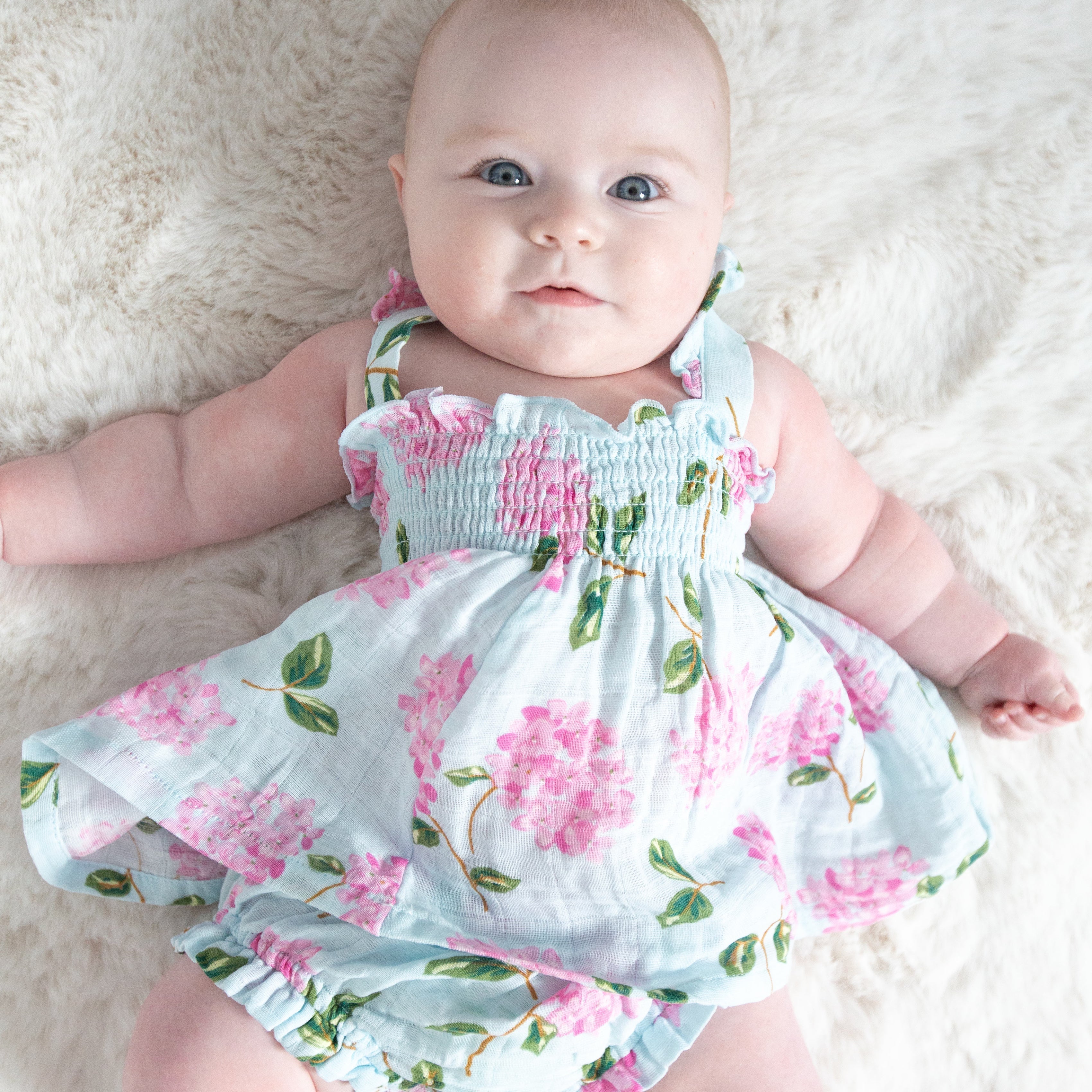 Ruffle Strap Smocked Top And Diaper Cover - Hydrangeas