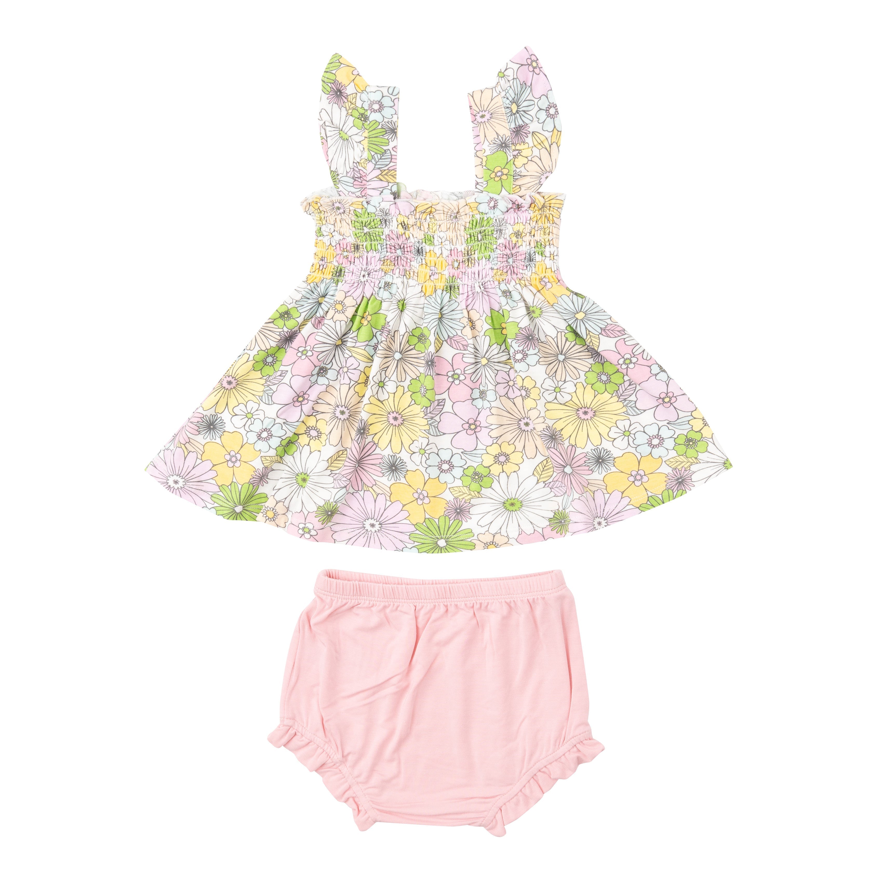 Ruffle Strap Smocked Top And Diaper Cover - Mixed Retro Floral