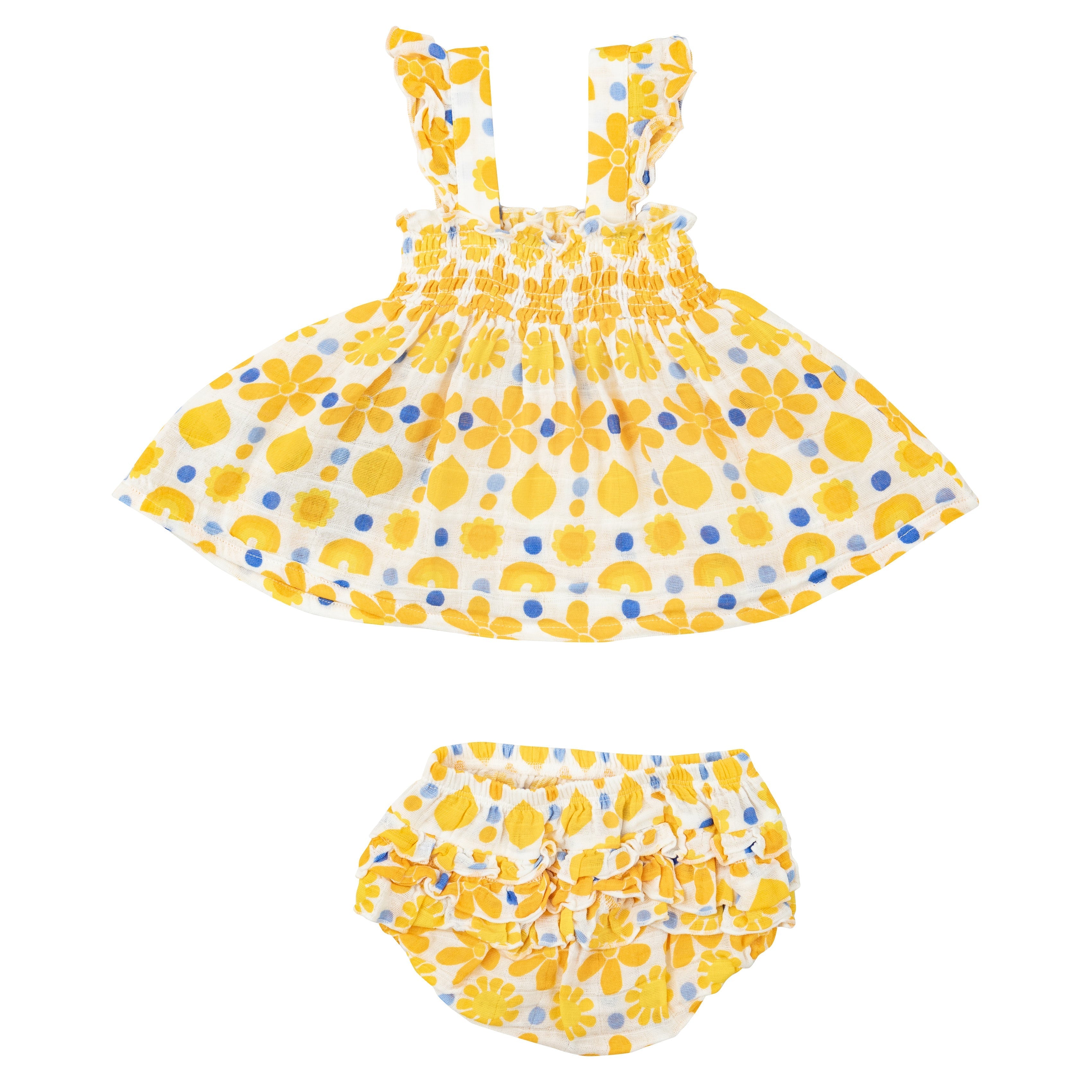 Ruffle Strap Smocked Top And Diaper Cover - Sunny Lemon Geo