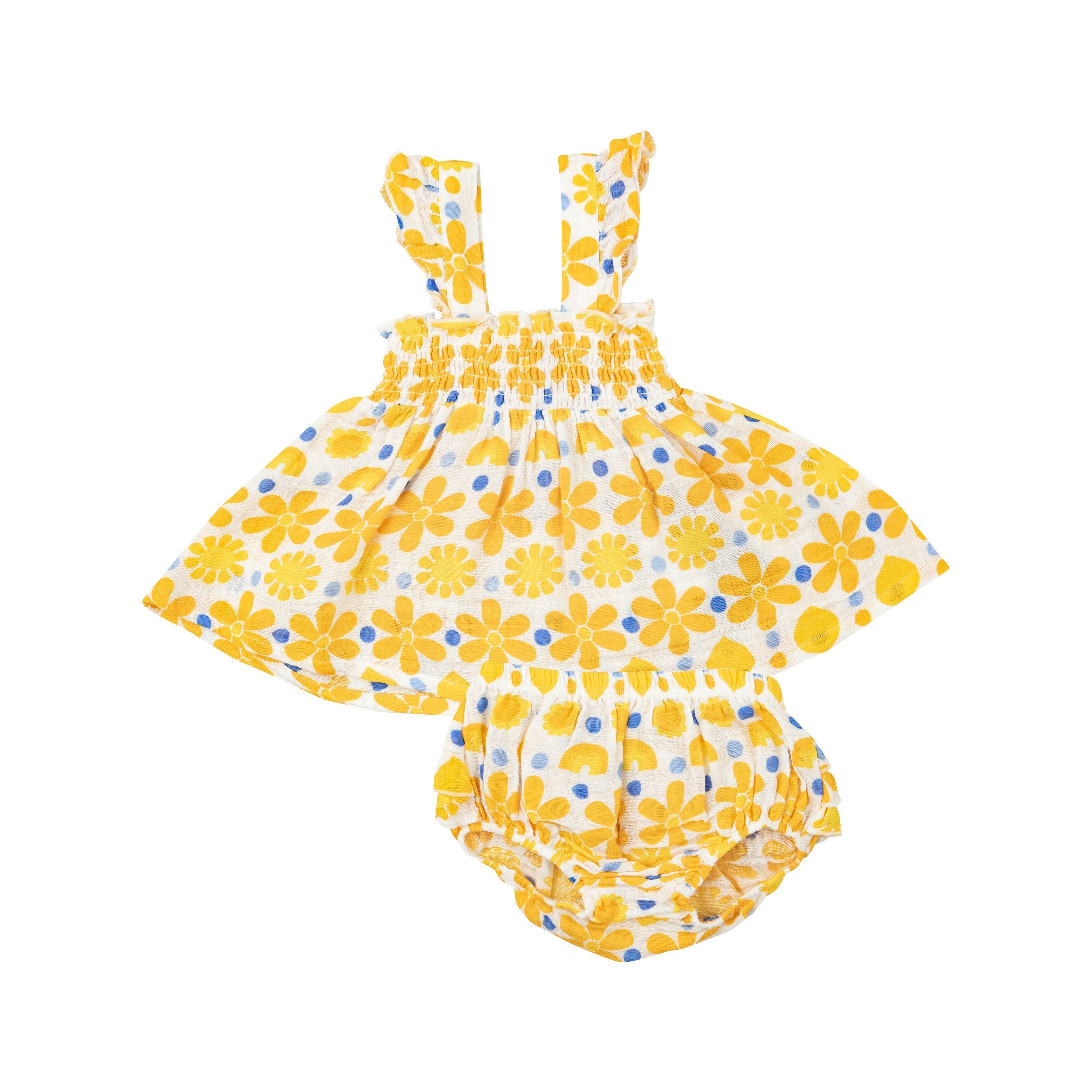Ruffle Strap Smocked Top And Diaper Cover - Sunny Lemon Geo
