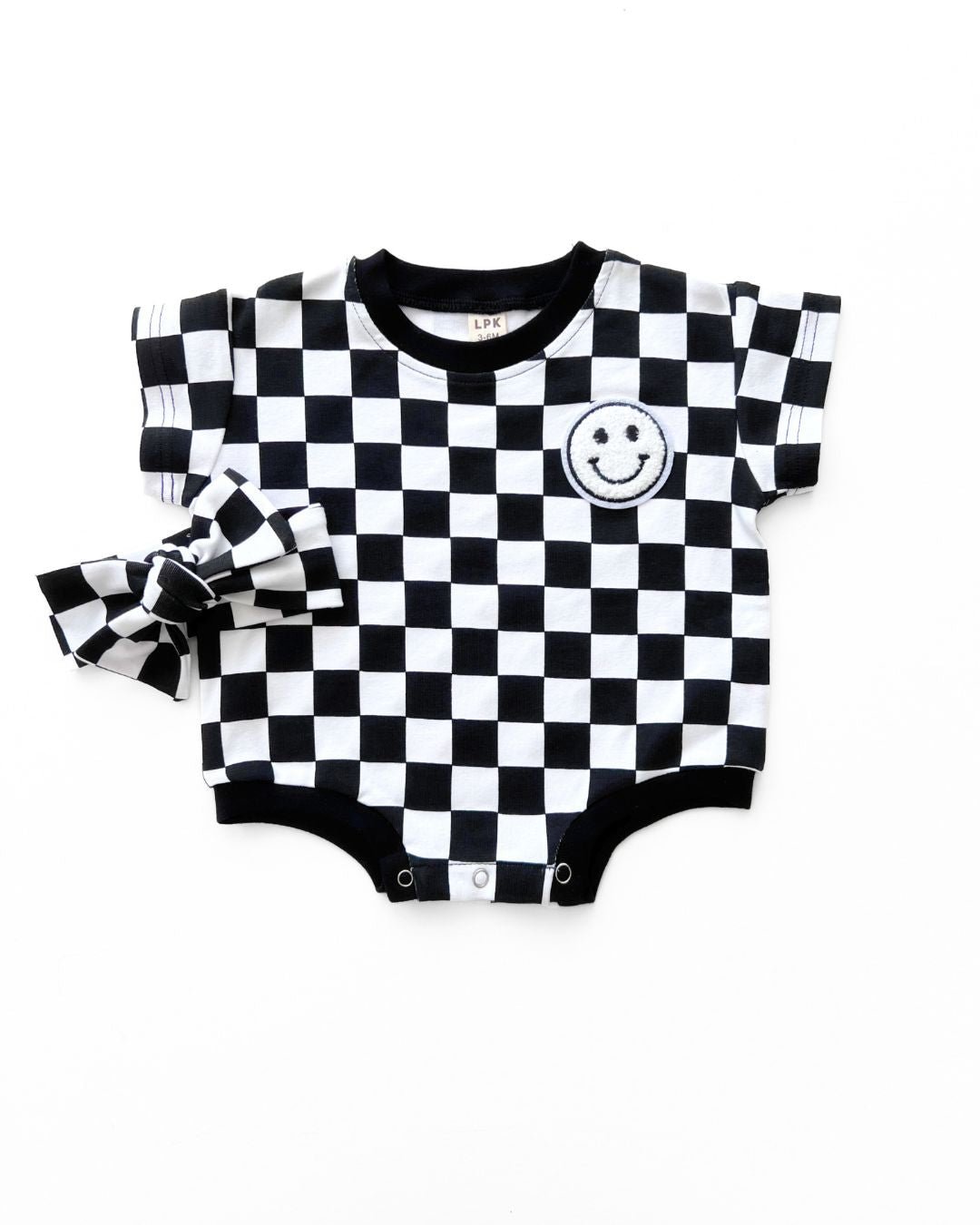 Short Sleeve Bubble Romper | Checkered Smiley Black