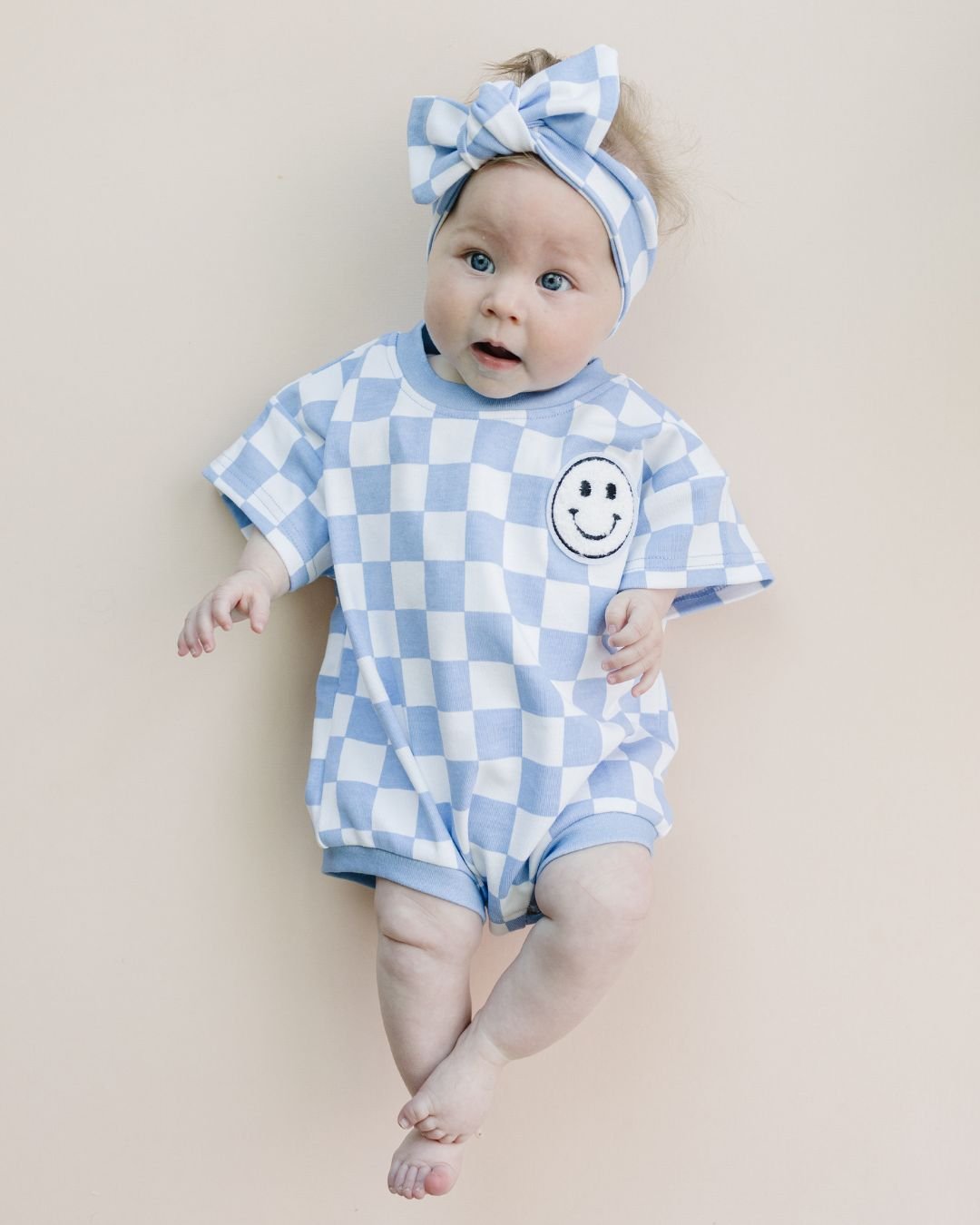 Short Sleeve Bubble Romper | Checkered Smiley Blue