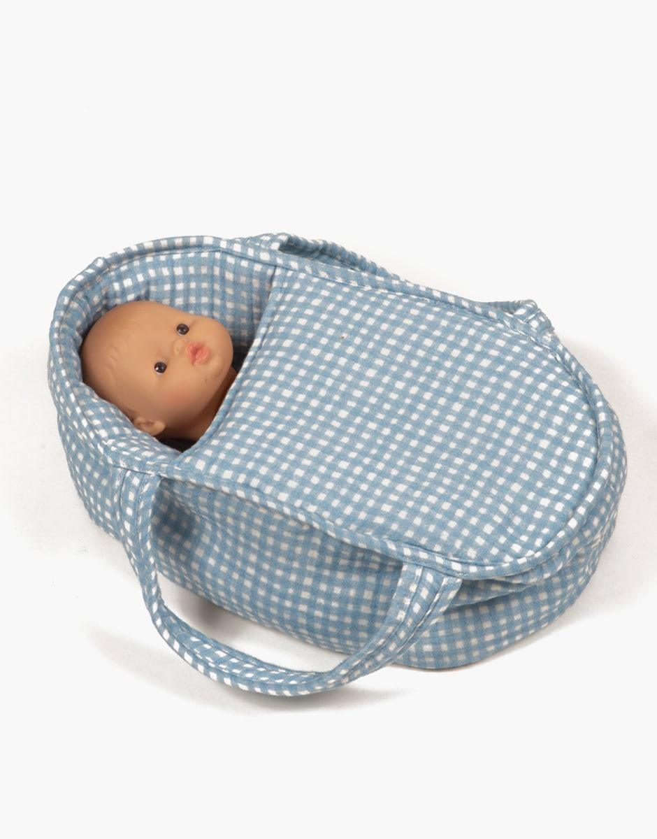 Soft Doll Bassinet, Gingham Blue 11in - Minikane - Why and Whale