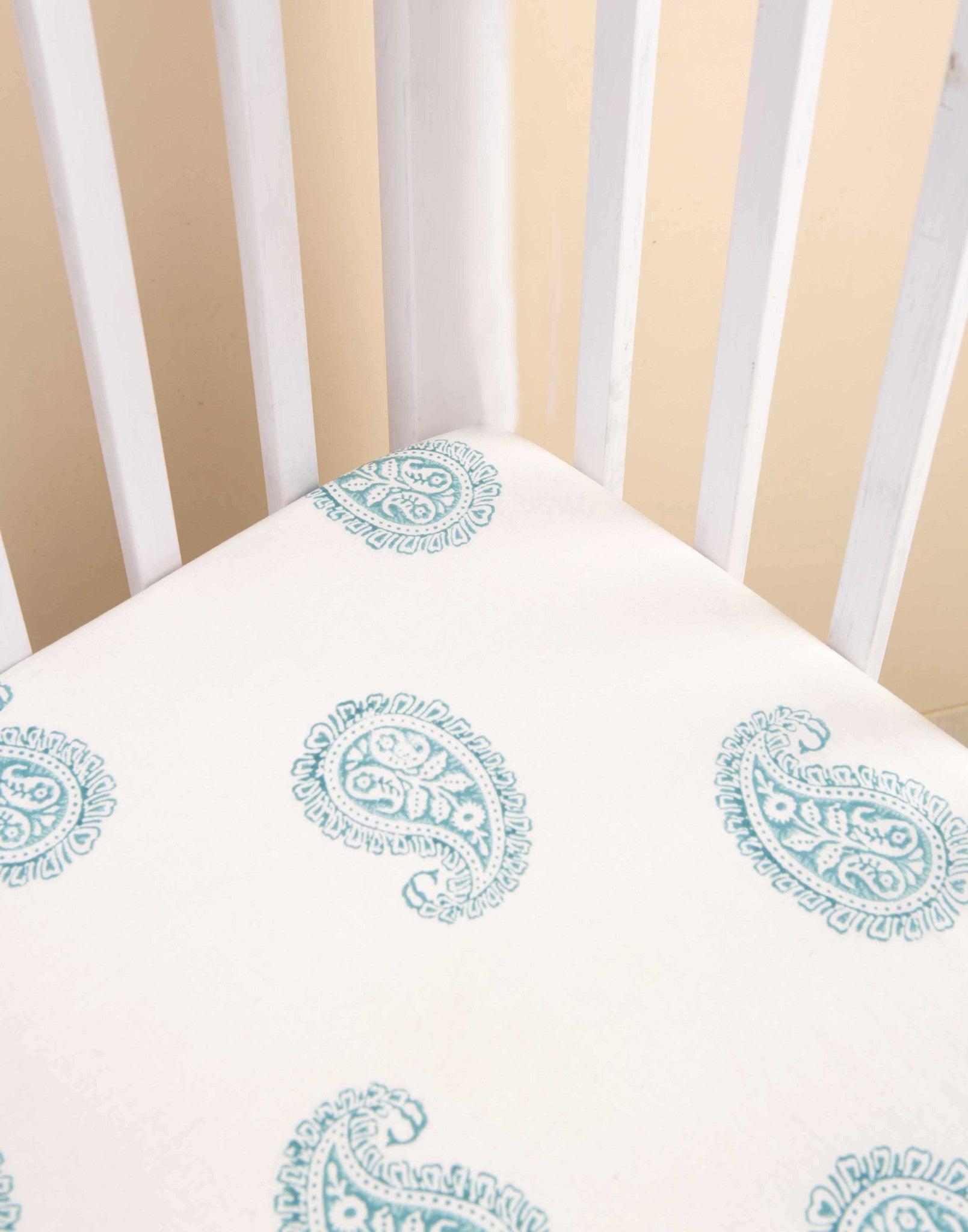 TEAL PAISLEY FITTED CRIB SHEET - Why and Whale