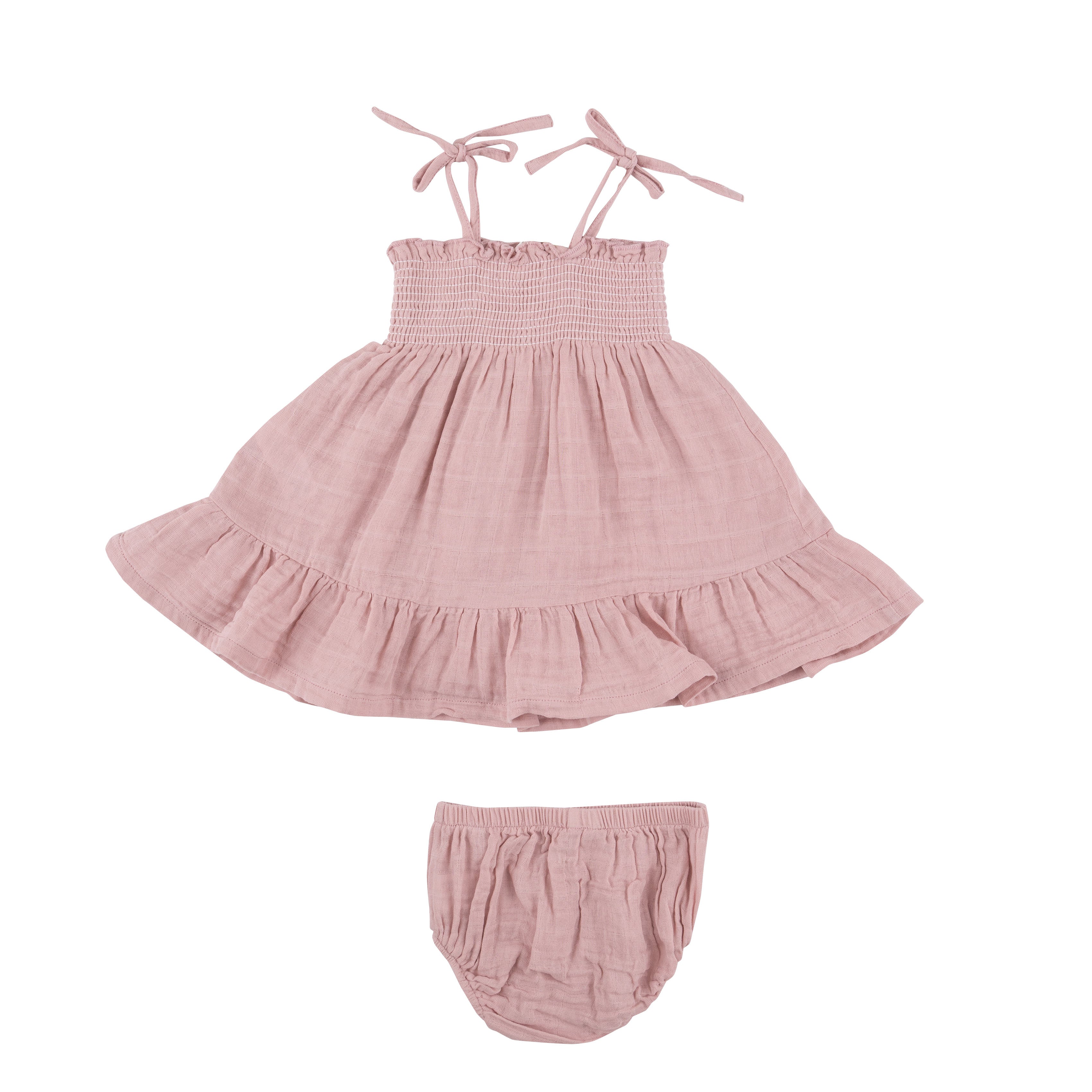 Tie Strap Smocked Sun Dresss Diaper Cover - Dusty Pink Solid Muslin