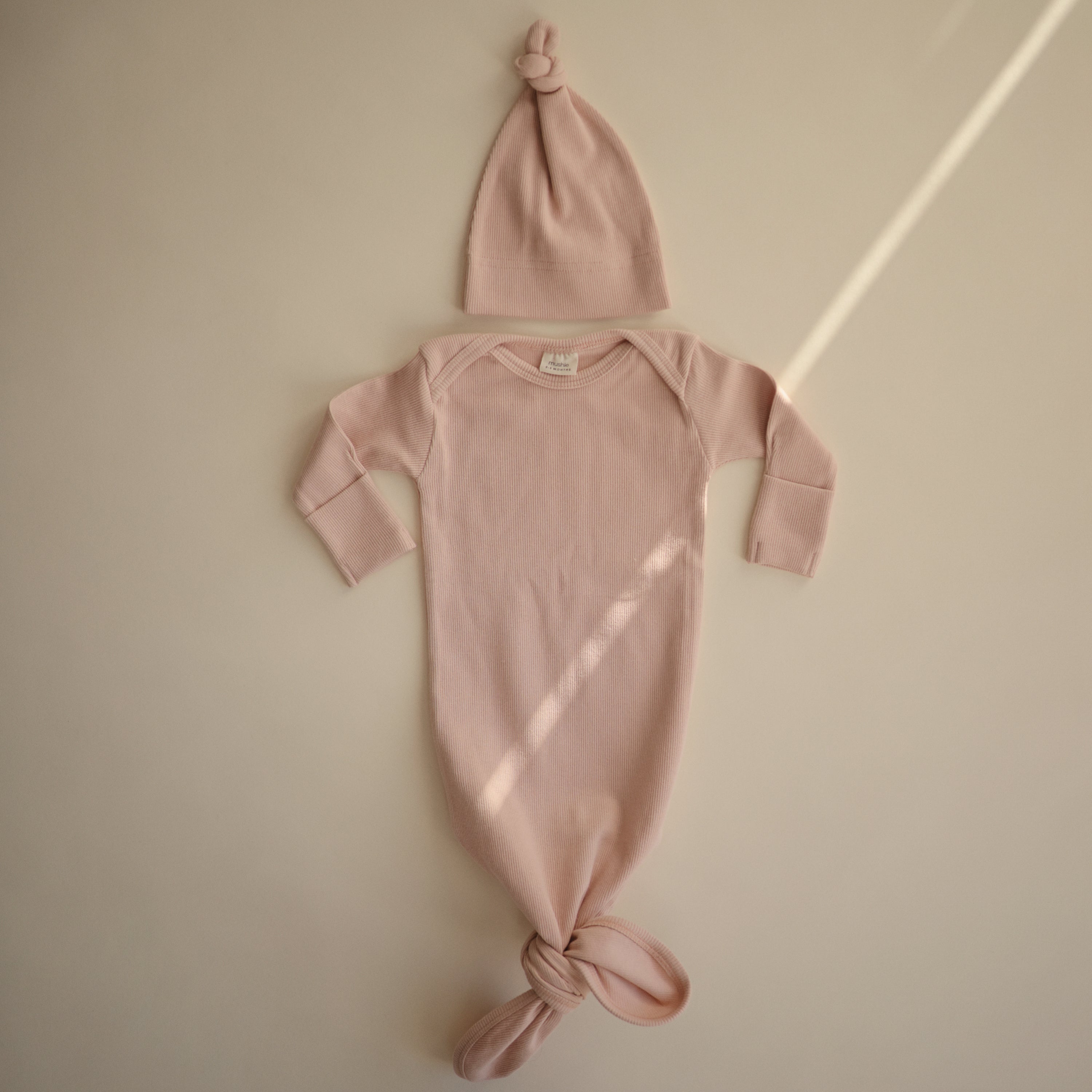 Ribbed Knotted Baby Gown + Beanie Set