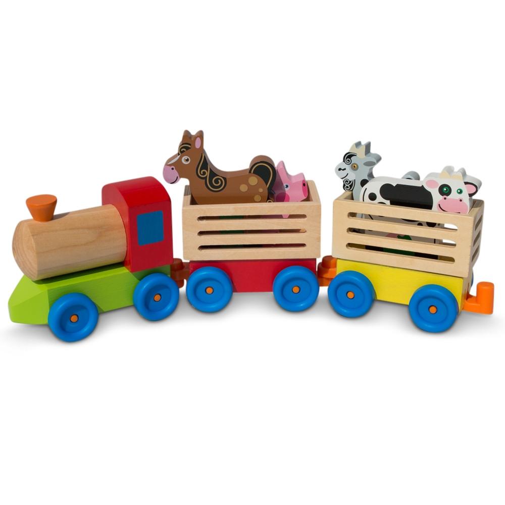 4 Farm Animals on Wooden Train with 2 Cars Toy Set