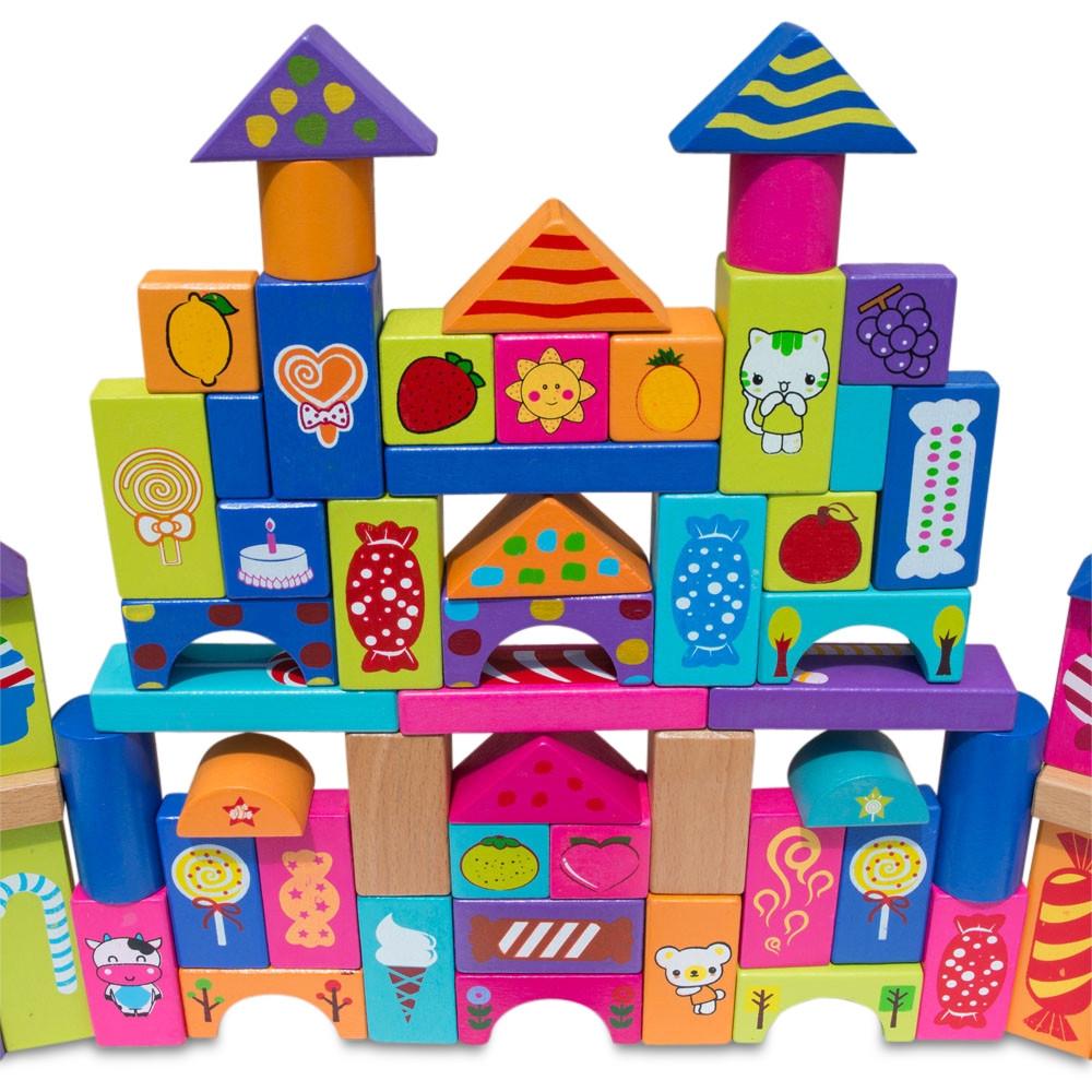 Set of 90 Colorful Wooden Building Blocks