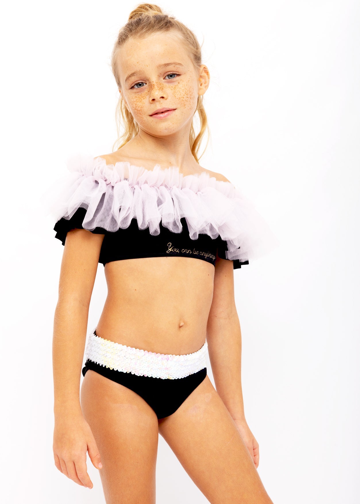 "You Can Be Anything" Black Bikini with Pink Tulle & Sequin Belt