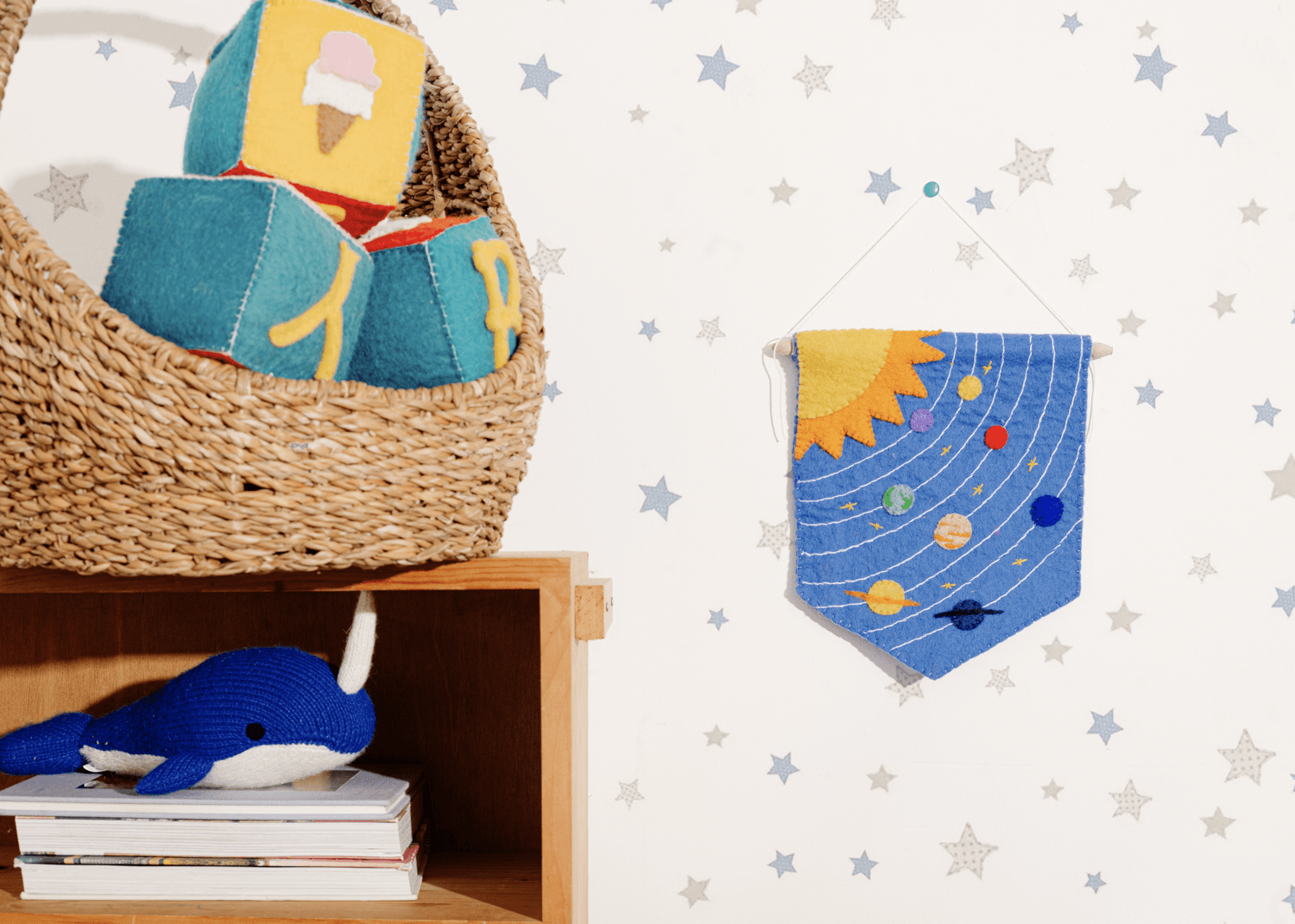 Felt Solar System Banner Flag - Why and Whale