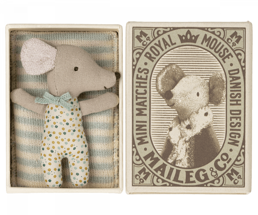 Maileg - Sleepy/wakey baby mouse in matchbox, Blue - Why and Whale