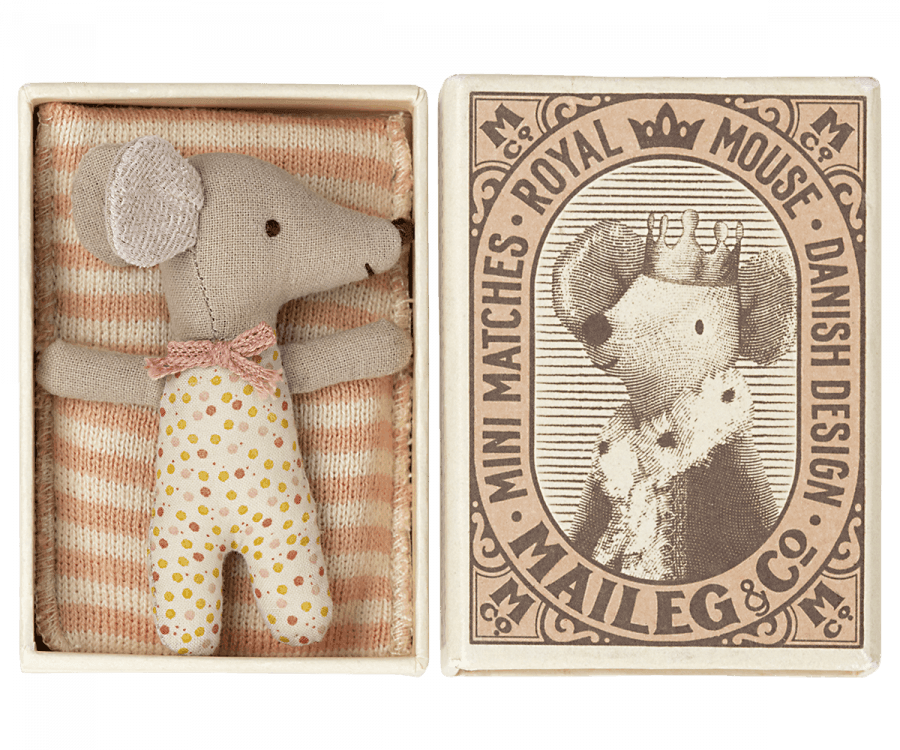 Maileg - Sleepy/wakey baby mouse in matchbox, rose - Why and Whale